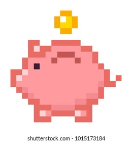 Piggy Bank Money Pixel Art Cartoon Retro Game Style Set