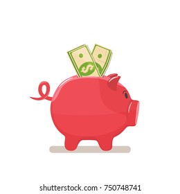 Piggy bank with money. Saving money concept. Vector illustration.