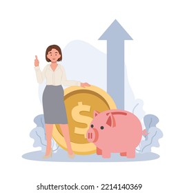 Piggy bank money savings concept. Business Woman showing thumb up gesture near big golden coin and piggy bank. Arrow up rise. Vector illustration