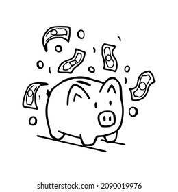 Banco de cochinillo con ilustración del doodle del vector de dinero. Concepto de acumulación de dinero.