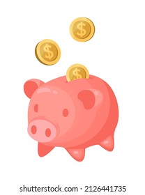 Piggy bank with money. Vector illustration on finance, profit, earnings. Money box with falling coins. Accumulation of money concept.