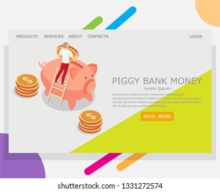 Piggy bank money vector website template, web page and landing page design for website and mobile site development. Money savings, financial investment concepts.