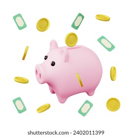 Piggy bank and money, volume render 3d vector illustration isolated on white background. Cute pink toy pig, bills and coins, realistic objects for design. Rendering isometric icons. Finance concept