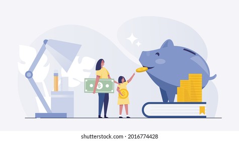 piggy bank mother daughter money savings coin finance. vector illustration