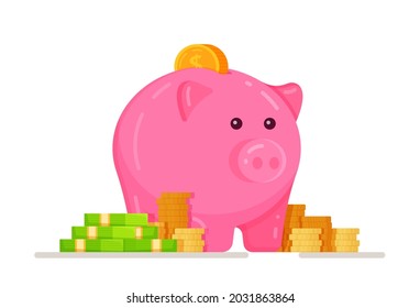 A piggy bank with mountains of coins and dollars. Piggy bank with coin vector illustration. 