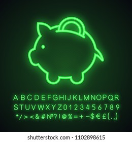 Piggy bank neon light icon. Glowing sign with alphabet, numbers and symbols. Vector isolated illustration