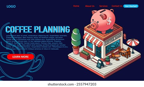 Piggy bank on coffee shop, vector art, simple, minimalist, vibrant color, isometric