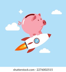 Piggy bank on fast rocket booster flying hight in the sky. Inflation and price concept. Modern vector illustration in flat style