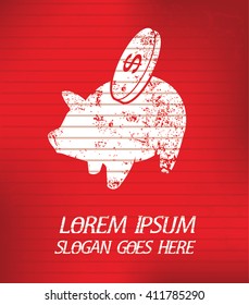 Piggy bank on red background,poster grunge design
