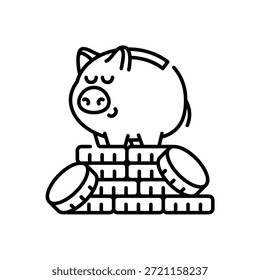 Piggy Bank on Stack of Coins Icon Line Style Isolated White Background (em inglês)