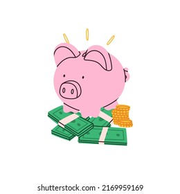 Piggy bank. Piggy on a stack of money, coins. Earning money, savings, investment, business advertising concept. Hand drawn isolated modern Vector illustration