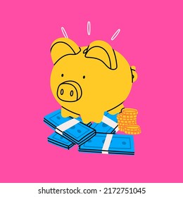 Piggy bank. Piggy on a stack of money, coins. Earning money, savings, investment, business advertising concept. Hand drawn bright isolated modern Vector illustration