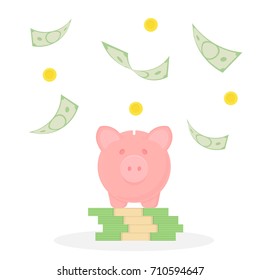 Piggy bank on a stack of money. Falling banknotes and coins. Money rain. Vector illustration.