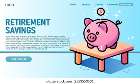 Piggy bank on table, vector art, simple, minimalist, vibrant color, isometric, coin, retirement savings