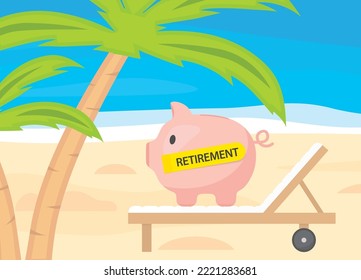 piggy bank on the tropical beach, happy retirement, life savings, eternal vacation concept- vector illustration