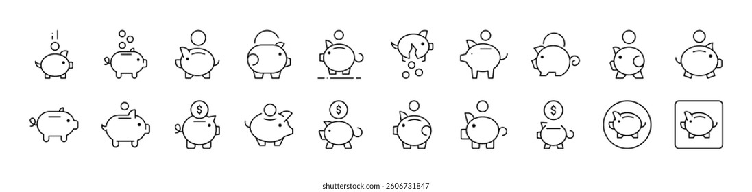 Piggy Bank Outline Icon Collection. Editable Stroke. Perfect for Infographics, Articles, Books, Flyers, Banners