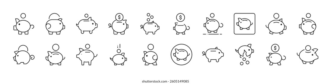 Piggy Bank Outline Image Collection. Editable Stroke. Perfect for Infographics, Articles, Books, Flyers, Banners