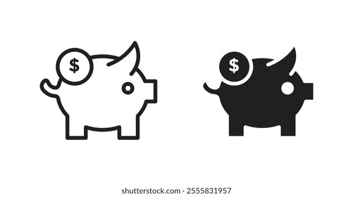 Piggy bank outlined and solid icon vector collection.