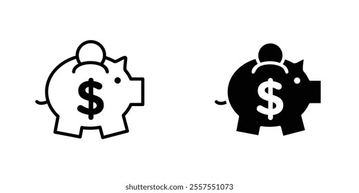 Piggy bank outlined and solid icon vector collection.