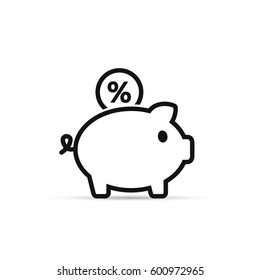 Piggy Bank with percent coin vector icon in outline style. Line illustration.