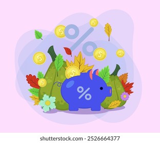 Piggy bank with percent mark vector illustration. Gold coins, autumn leaves and pumpkins on abstract background. Savings, income, autumn, finance, promotion concept. Can be used for banner design