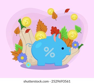 Piggy bank with percent sign and gold coins vector illustration. Autumn leaves, butternut squashes on abstract background. Savings, autumn, finance, promotion concept. Can be used for banner design