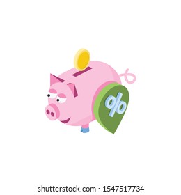 Piggy bank percent. Vector 3d isometric, color web icon, new flat style. Creative illustration design, idea for infographics.
