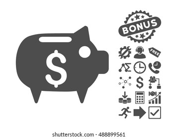 Piggy Bank pictograph with bonus elements. Vector illustration style is flat iconic symbols, gray color, white background.