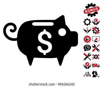 Piggy Bank pictograph with bonus tools graphic icons. Vector illustration style is flat iconic bicolor symbols, intensive red and black colors, white background.
