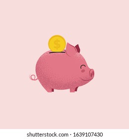 Piggy bank. Pig money box with coin isolated on pink background. Money saving or donation concept. Vector illustration.