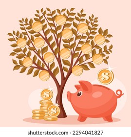 Piggy bank pig next to a tree made of gold coins money. The concept of saving money, investment, savings, bank deposit and financial management. The concept of wealth and success. Vector illustration.