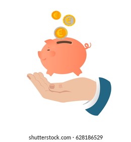 Piggy bank pig vector illustration. A hand holds a pig a piggy bank of euros gets into a pig piggy bank. The concept of banking or business services.