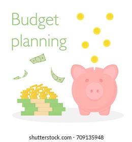 Piggy bank with a pile of coins and a stack of dollars. Falling banknotes and coins. Budget planning concept.
