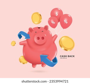 piggy bank pink piggy happy smiley face holding balloons and floating by balloons There were blue arrows and silver or gold coins swirling around, vector 3d for cash back and financial promotion