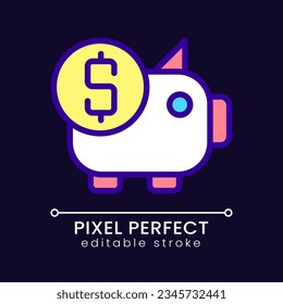 Piggy bank pixel perfect RGB color icon for dark theme. Money savings. Income and profit. Finance management. Simple filled line drawing on night mode background. Editable stroke. Poppins font used