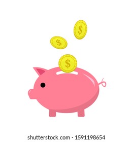 Piggy bank. A place to store money. Accumulation. Piggy bank with coin in flat style. Vector.