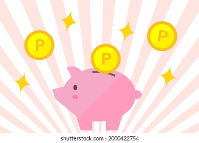 Piggy bank and point coins. Vector illustration.