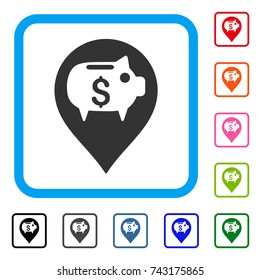 Piggy Bank Pointer icon. Flat grey pictogram symbol inside a light blue rounded rectangular frame. Black, gray, green, blue, red, orange color versions of Piggy Bank Pointer vector.