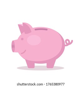 Piggy bank, porcelain pink color, isolated on white background. Money box with a hole for coins. Starting capital for a business. Vector illustration, flat design element, cartoon style.