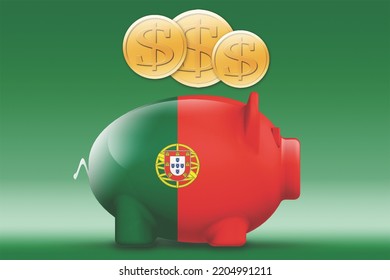 Piggy bank with Portugal flag and gold coin, 3d rendering