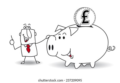 Piggy bank and pound sterling.This business man saves money in his Piggy bank . It's a metaphor. It's a good plan for the future