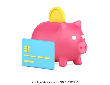 Piggy bank with putting golden coin and credit card for e commerce payment contactless transaction 3d isometric icon vector illustration. Concept of money savings, wealth, financial profit and budget