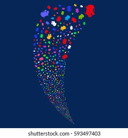 Piggy Bank random fireworks stream. Vector illustration style is flat bright multicolored iconic symbols on a blue background. Object fountain done from scattered icons.