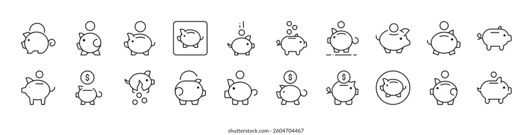 Piggy Bank Related Image Collection. Editable Stroke. Perfect for Infographics, Articles, Books, Flyers, Banners