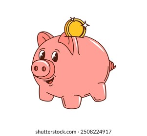 Piggy bank retro groovy caráter financeiro com uma moeda, representando poupanças, depósito, investimento e finanças. Personagem de caixa de dinheiro de porco rosa vetor de desenhos animados isolados com um rosto alegre, arrecadando dinheiro