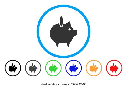 Piggy Bank rounded icon. Vector illustration style is a gray flat iconic piggy bank symbol inside a circle. Additional color versions are black, grey, green, blue, red, orange.
