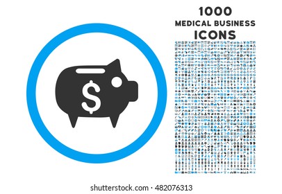 Piggy Bank rounded vector bicolor icon with 1000 medical business icons. Set style is flat pictograms, blue and gray colors, white background.