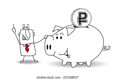 Piggy bank and ruble.This business man saves money in his Piggy bank . It's a metaphor. It's a good plan for the future