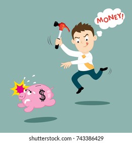 Piggy bank run away from breaking, money success concept