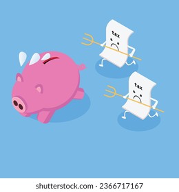 Piggy bank running away from Tax bills 3d vector illustration concept for banner, website, illustration, landing page, flyer, etc